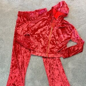 Fabletics Red Crushed Velvet Track Pants & Zip Hoodie